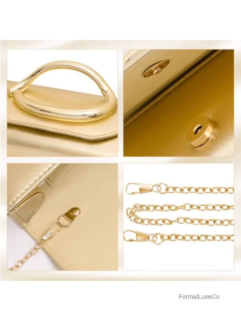 Faux Leather Evening Clutch with 3D Gold Handle and Chain for Weddings